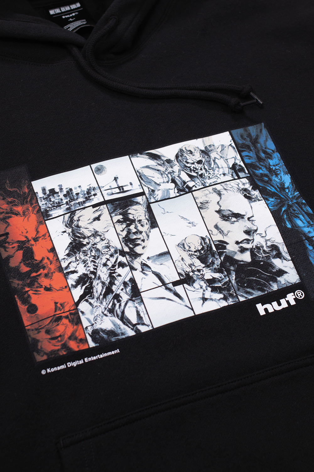HUF x Metal Gear Solid Liberty PO Hoodie Black showing detailed character montage print on front, heavyweight cotton blend hoodie inspired by iconic stealth action video game series