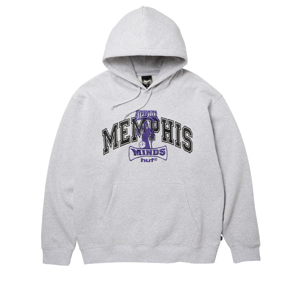 Front flat lay view of the Huf X Three 6 Mafia Memphis Pullover Hoodie in heather grey, showcasing a heavyweight fleece construction with an adjustable drawstring hood, kangaroo pouch pocket, ribbed hem and cuffs, detailed with an arched black collegiate "MEMPHIS" chest appliqué and purple embroidered Hypnotize Minds reaper graphics.