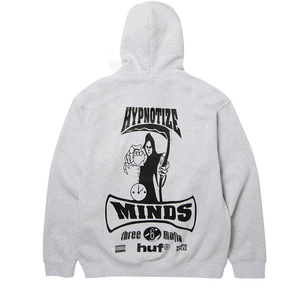 Back flat lay view of the heather grey Huf X Three 6 Mafia Memphis PO Hoodie, featuring an oversized black screen-printed Hypnotize Minds record label graphic of the hooded grim reaper holding an hourglass, arched text banners, the Three 6 Mafia logo, "huf®", and Mystic Stylez album credits.