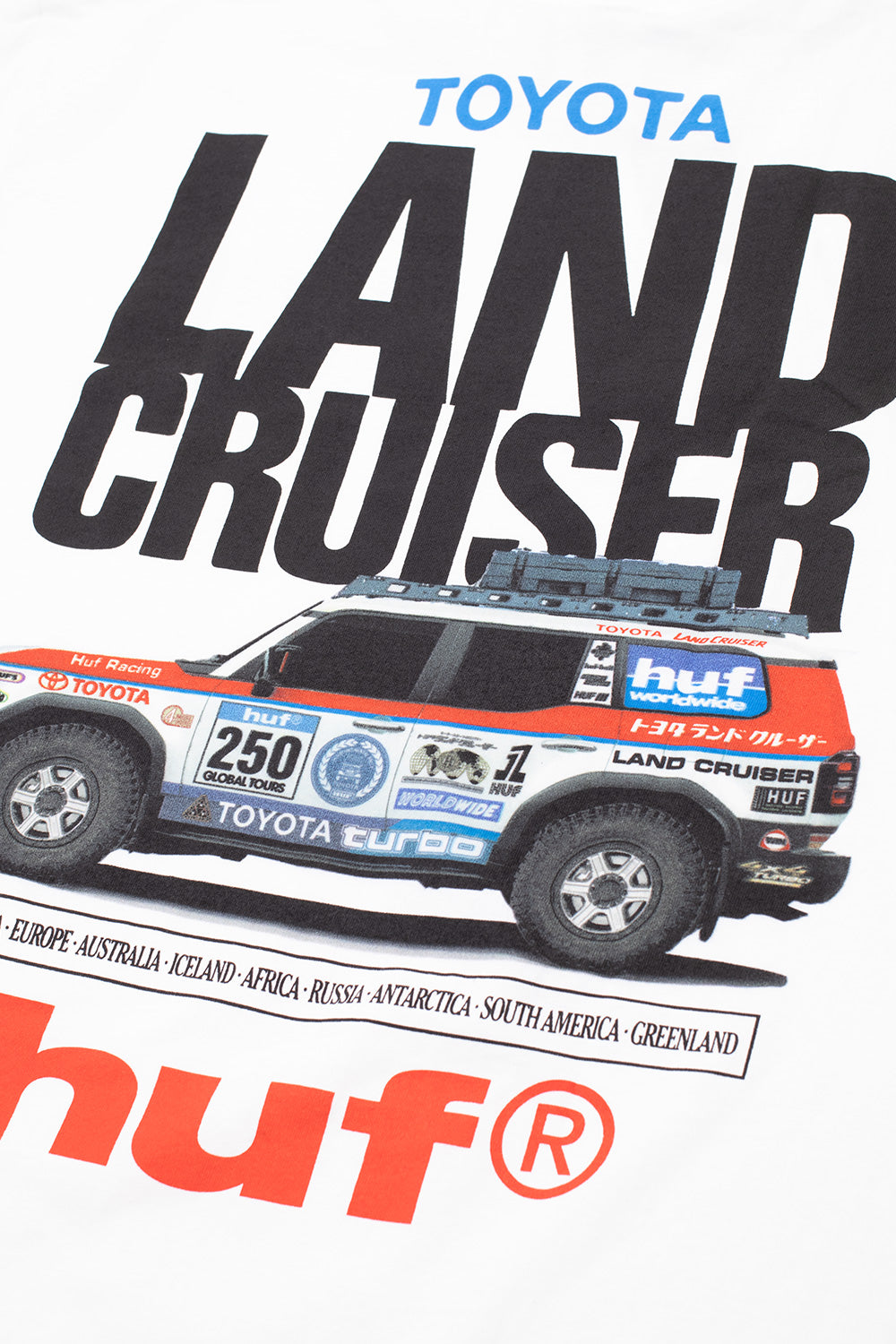 Macro close-up shot of the detailed back graphic on the Huf X Toyota Land Cruiser Rally SS T-Shirt, highlighting the rally-prepped four-wheel-drive truck with racing livery number 250, mud terrain tires, roof cargo, and contrasting red, blue, and black screen-printed typography.