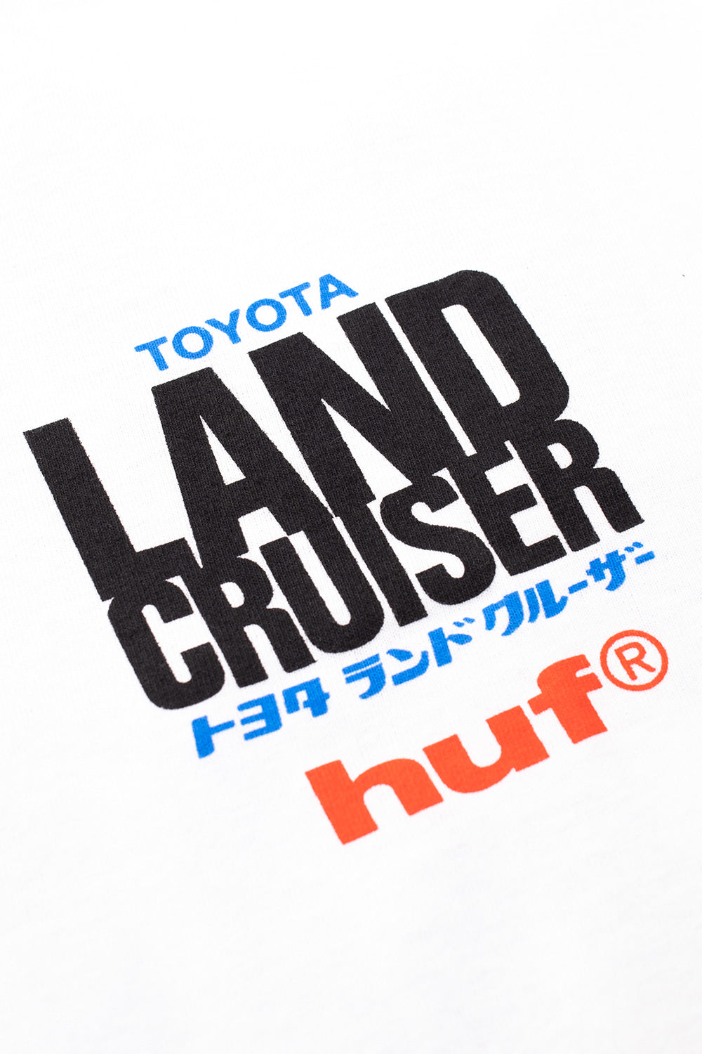 Studio macro close-up of the front left chest graphic on the Huf X Toyota Land Cruiser Rally SS T-Shirt, detailing the clean multi-colored screen print of the blue "TOYOTA", heavy black "LAND CRUISER", blue Katakana text, and red "huf®" branding on textured white cotton fabric.