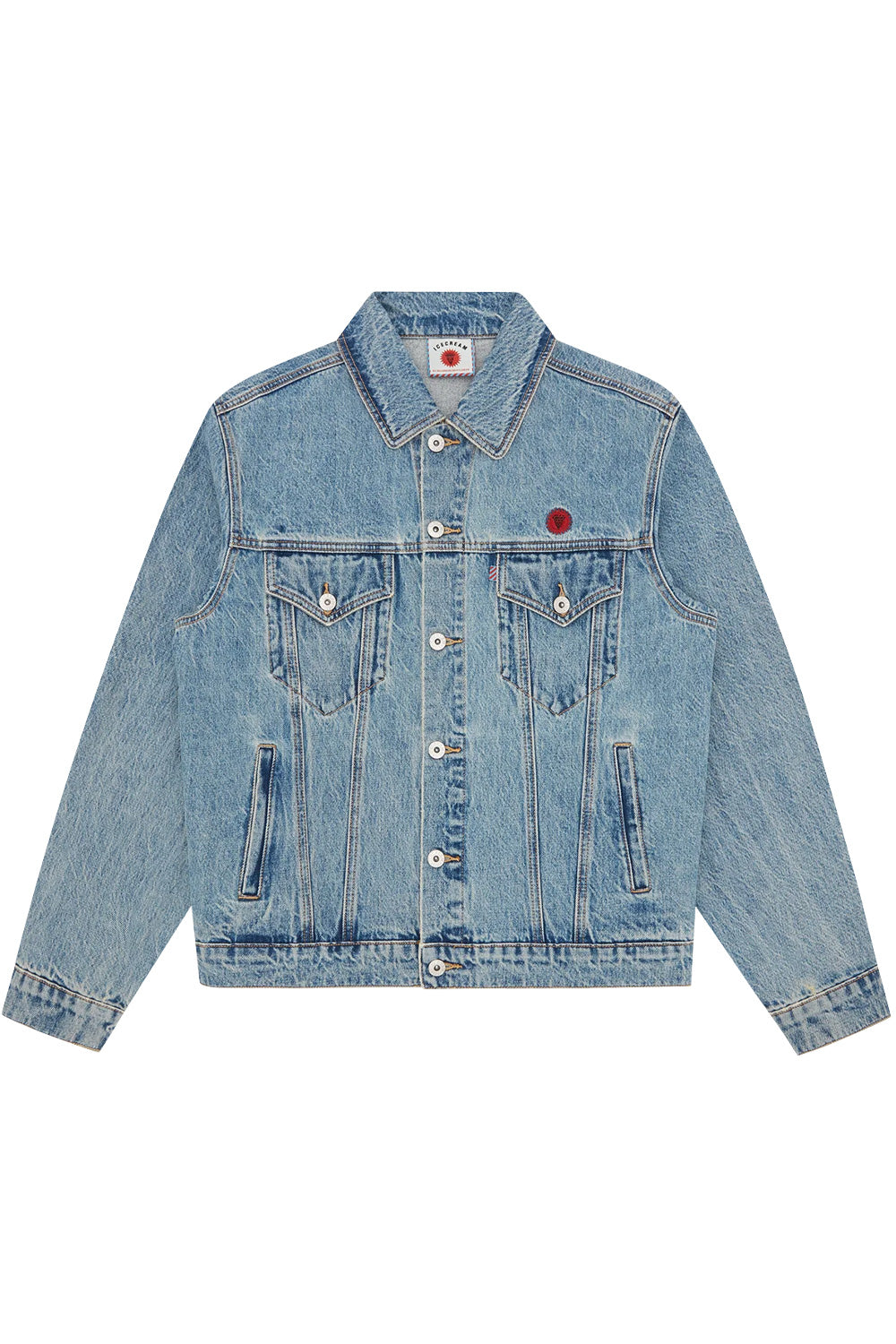 IceCream Check Lined Denim Trucker Jacket Vintage Wash Blue – Stylische blaue Truckerjacke mit kariertem Innenfutter und Vintage-Waschung für einen coolen Streetwear-Look
