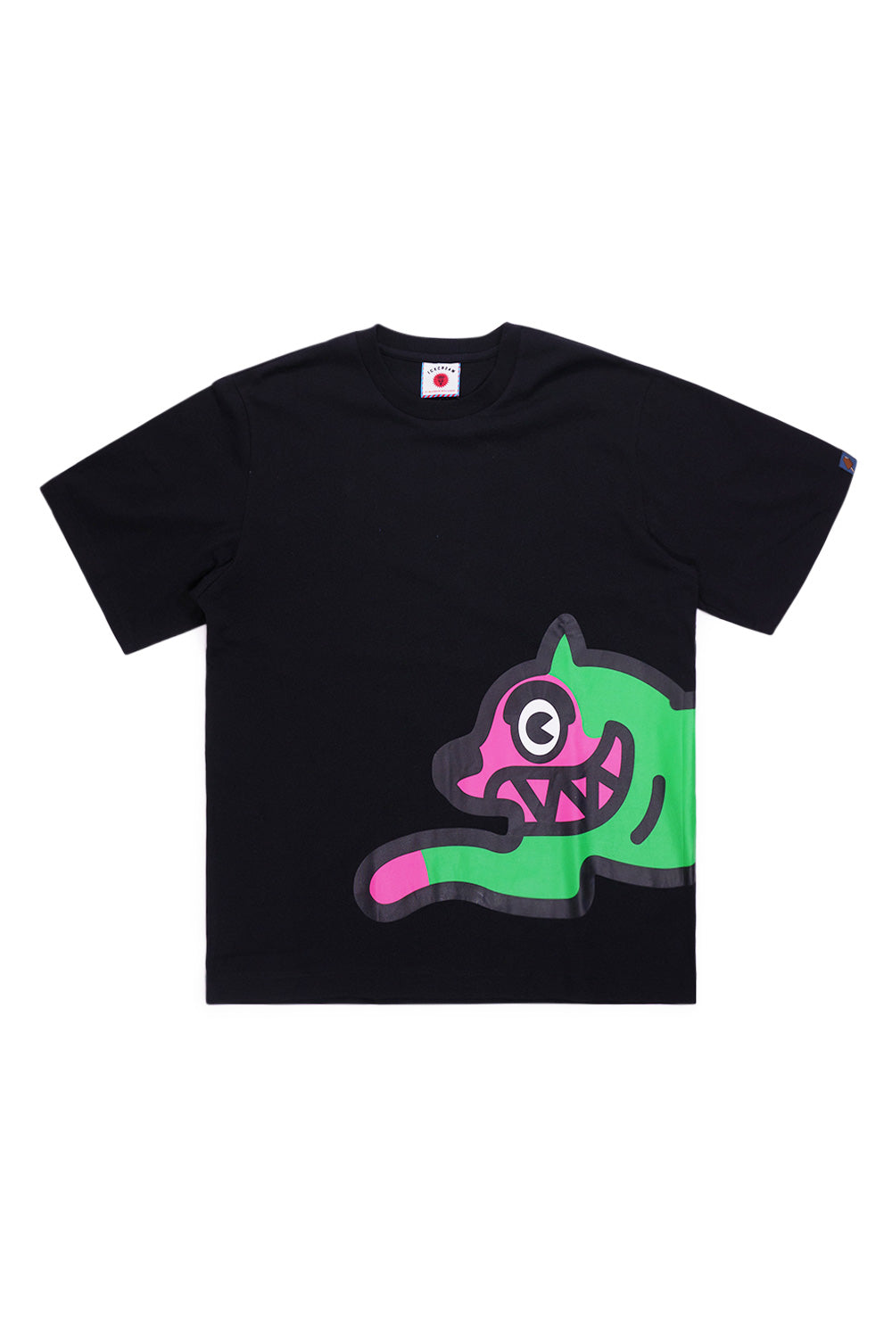 IceCream Jumbo Running Dog T-Shirt Black – Schwarzes Streetwear-T-Shirt mit großem, buntem Running Dog-Print auf der Vorderseite
