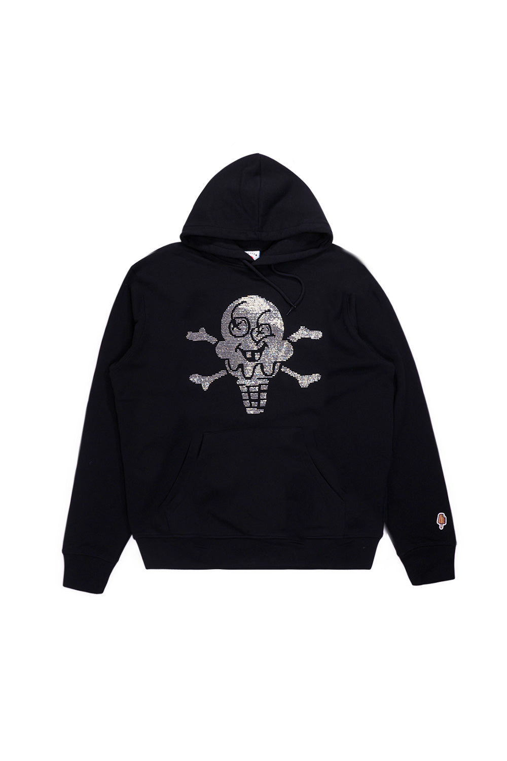 IceCream Rhinestone Cones & Bones Popover Hoodie Black – Schwarzer Hoodie mit funkelndem Strass-Cones & Bones-Logo für einen luxuriösen Streetwear-Look
