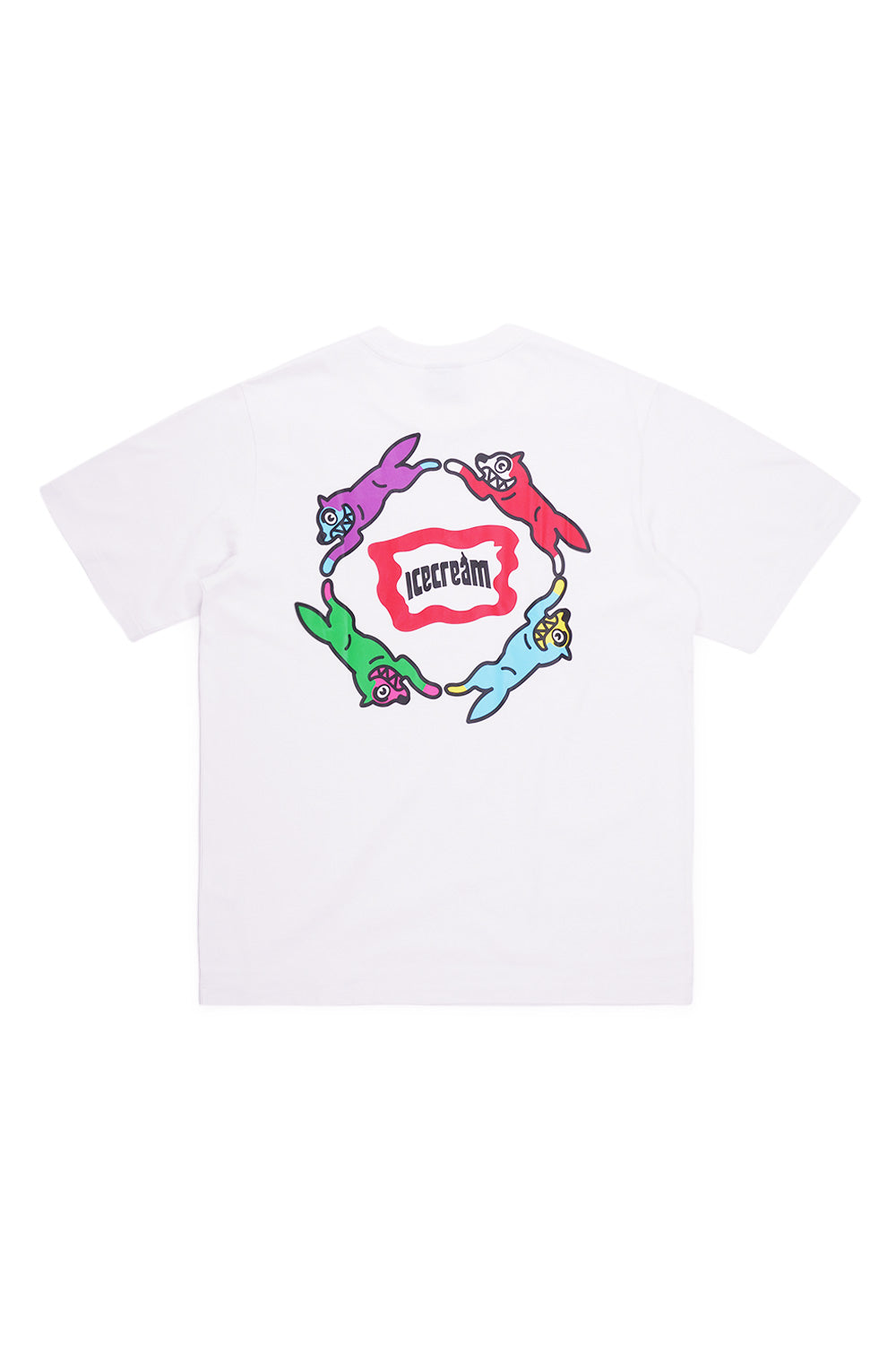 IceCream Roundabout T-Shirt White – Weißes Streetwear-T-Shirt mit farbenfrohem Rundlogo-Print auf der Vorderseite
