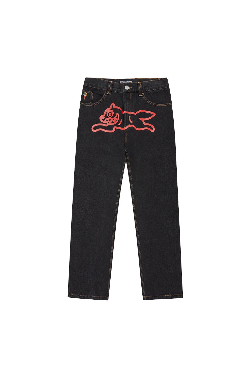 IceCream Running Dog Double Scoop Denim Pant Heavy Wash Black – Schwarze Denim-Jeans mit auffälligem Running Dog-Print und Double Scoop Design von IceCream für einen urbanen Streetwear-Look

