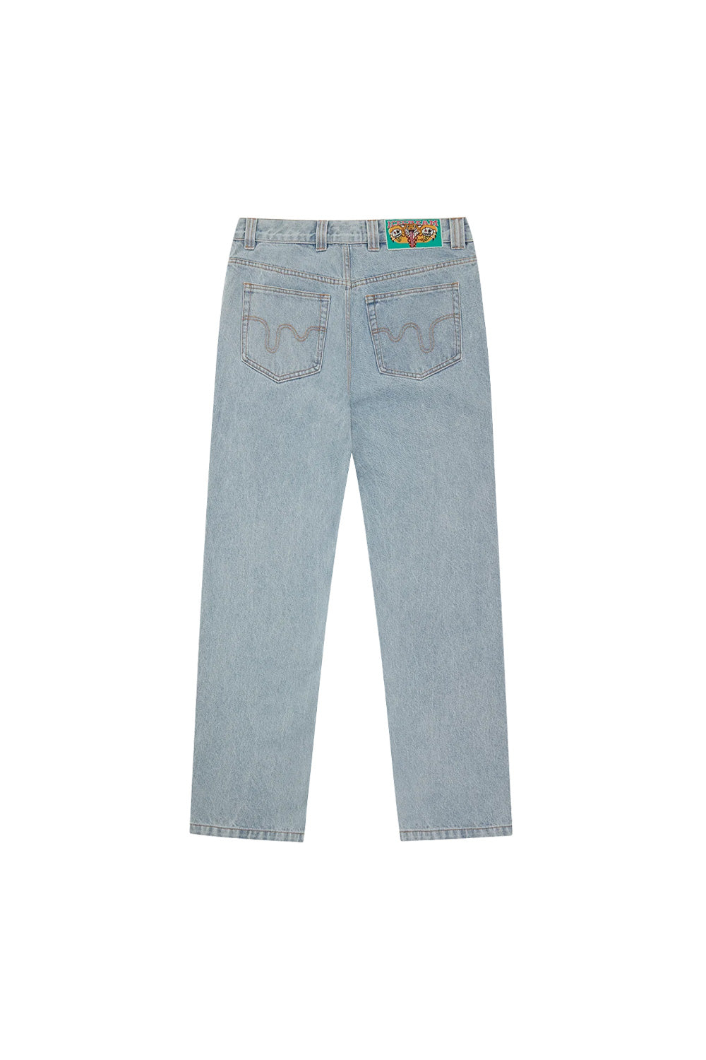 IceCream Running Dog Double Scoop Denim Pant Heavy Wash Blue – Hochwertige blaue Jeans mit Vintage-Waschung und auffälligem Running Dog-Print von IceCream für einen modernen Streetwear-Stil
