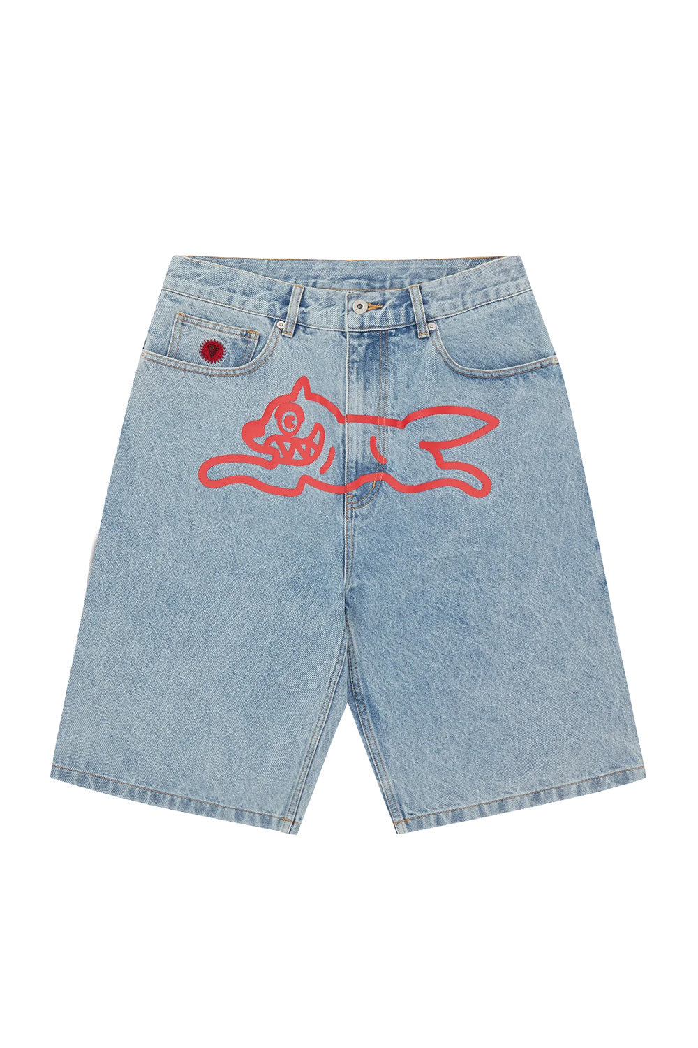 Ice Cream Running Dog Denim Shorts in light wash blue with vibrant red graphic print