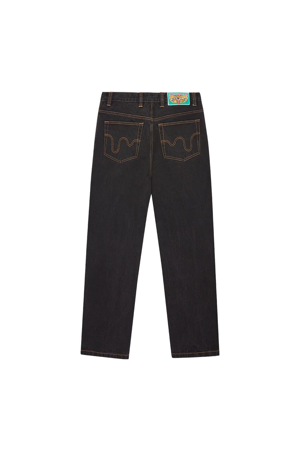 Trendy Ice Cream black denim pants with vibrant green Running Dog design