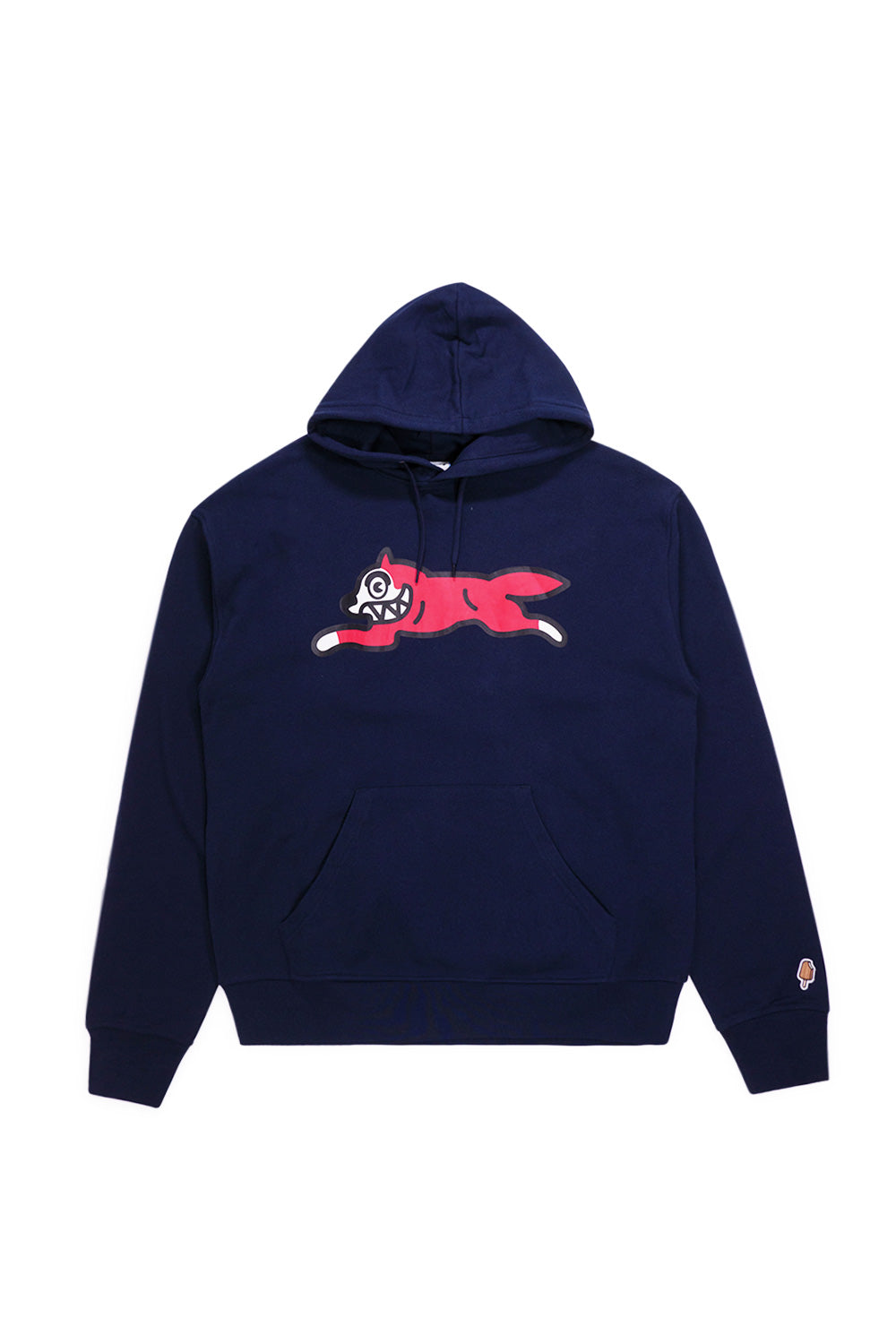 Ice Cream Running Dog popover hoodie in navy with red print logo for casual streetwear