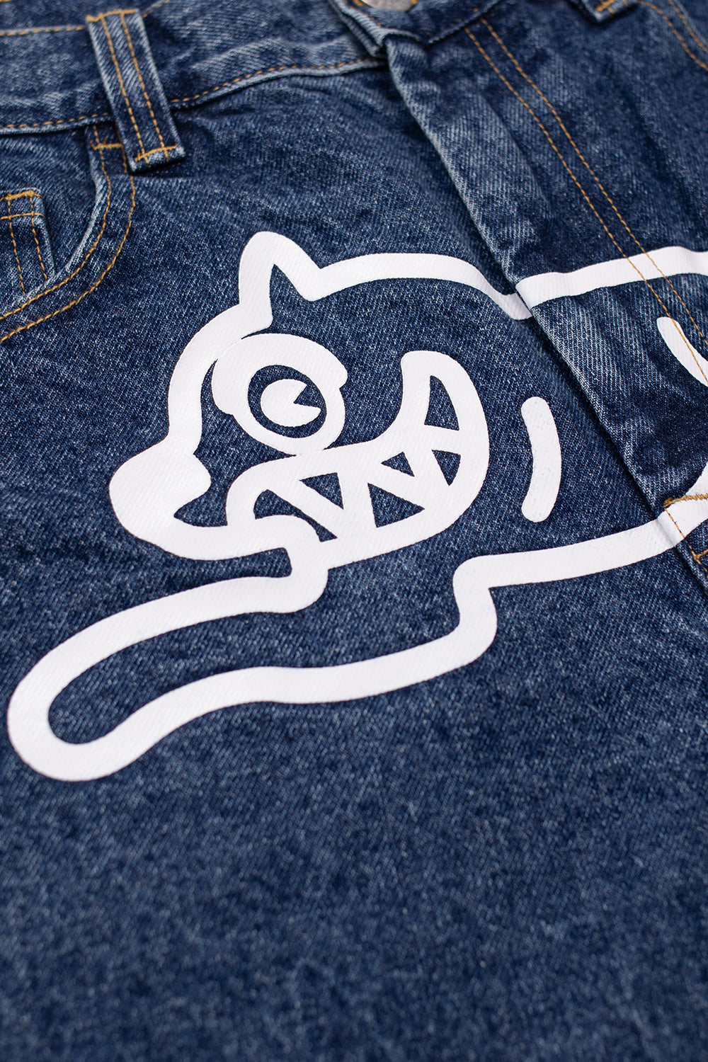 IceCream Running Dog Tripple Scoop Baggy Denim Pant Mid Wash Blue (White Print) - BONKERS