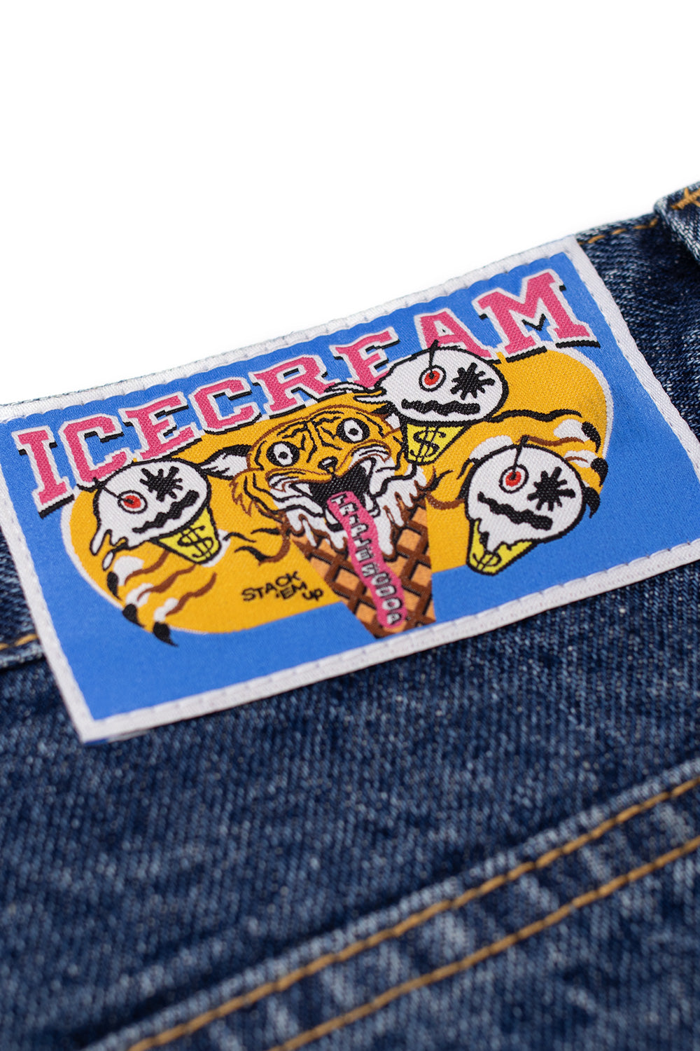 IceCream Running Dog Tripple Scoop Baggy Denim Pant Mid Wash Blue (White Print) - BONKERS