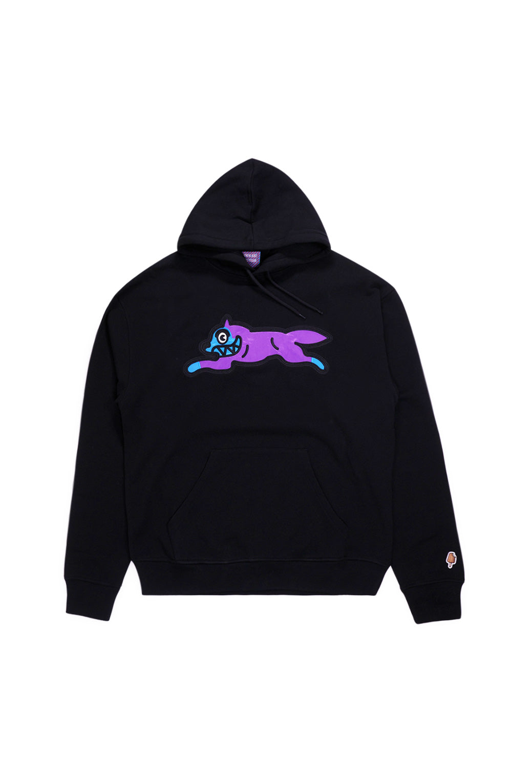 IceCream Hoodie in Schwarz mit ikonischer Satin Running Dog Applikation auf der Brust – urbaner Klassiker mit Skate-DNA.