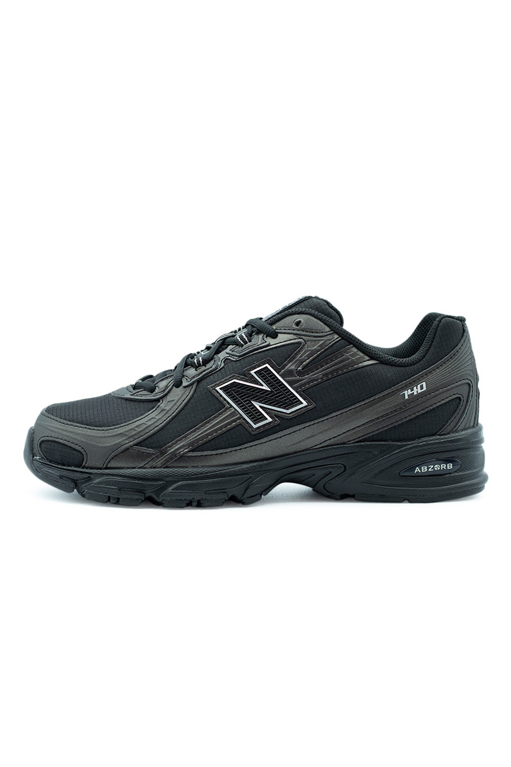 Unisex New Balance 740 Shoe Black Silver Metallic, retro 2000s running sneaker with ripstop synthetic upper and ABZORB cushioning.