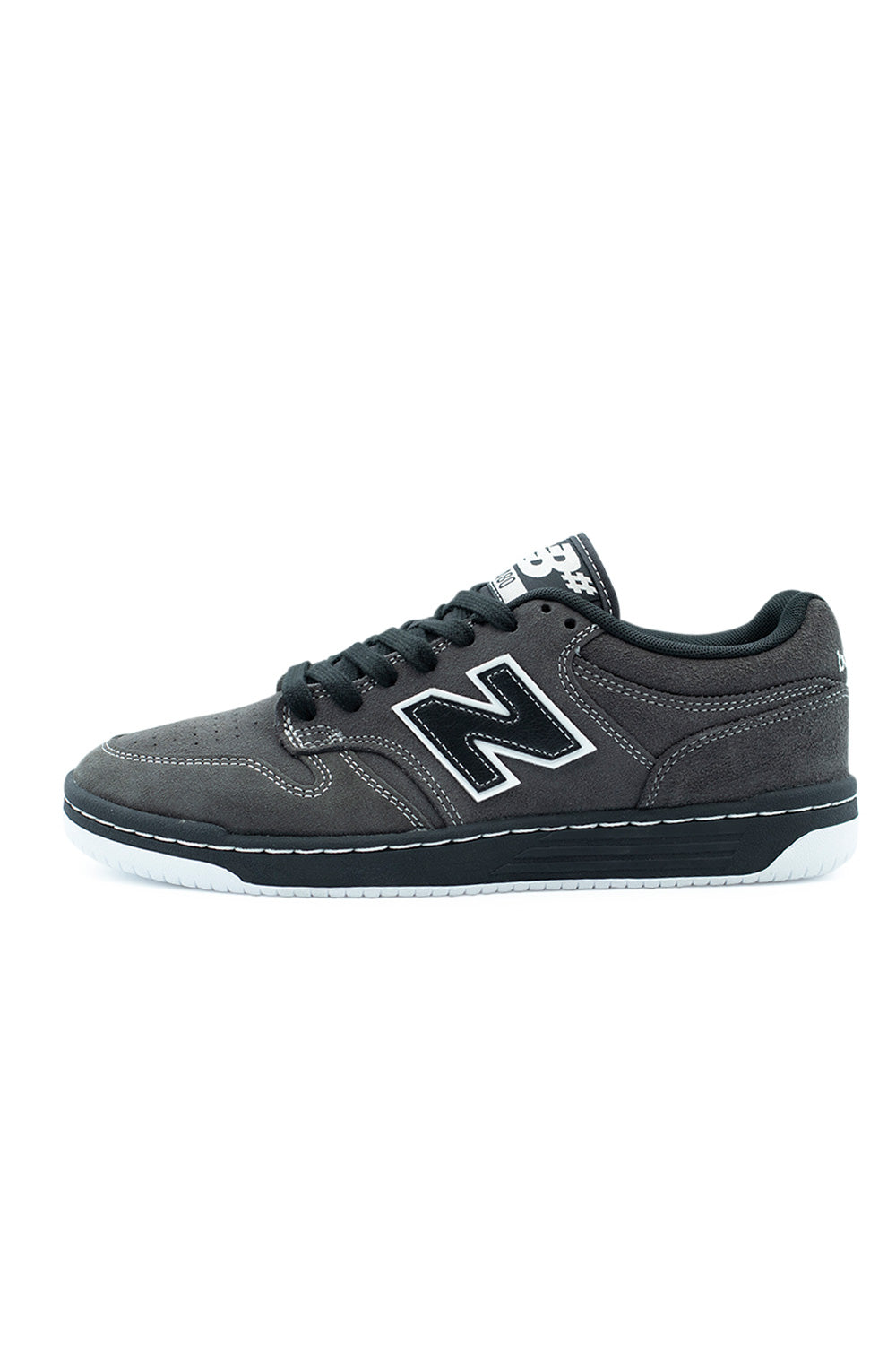 New Balance Numeric 480 Black Cement White unisex skate shoe with premium suede upper, leather N logo, and durable stitched cup sole.