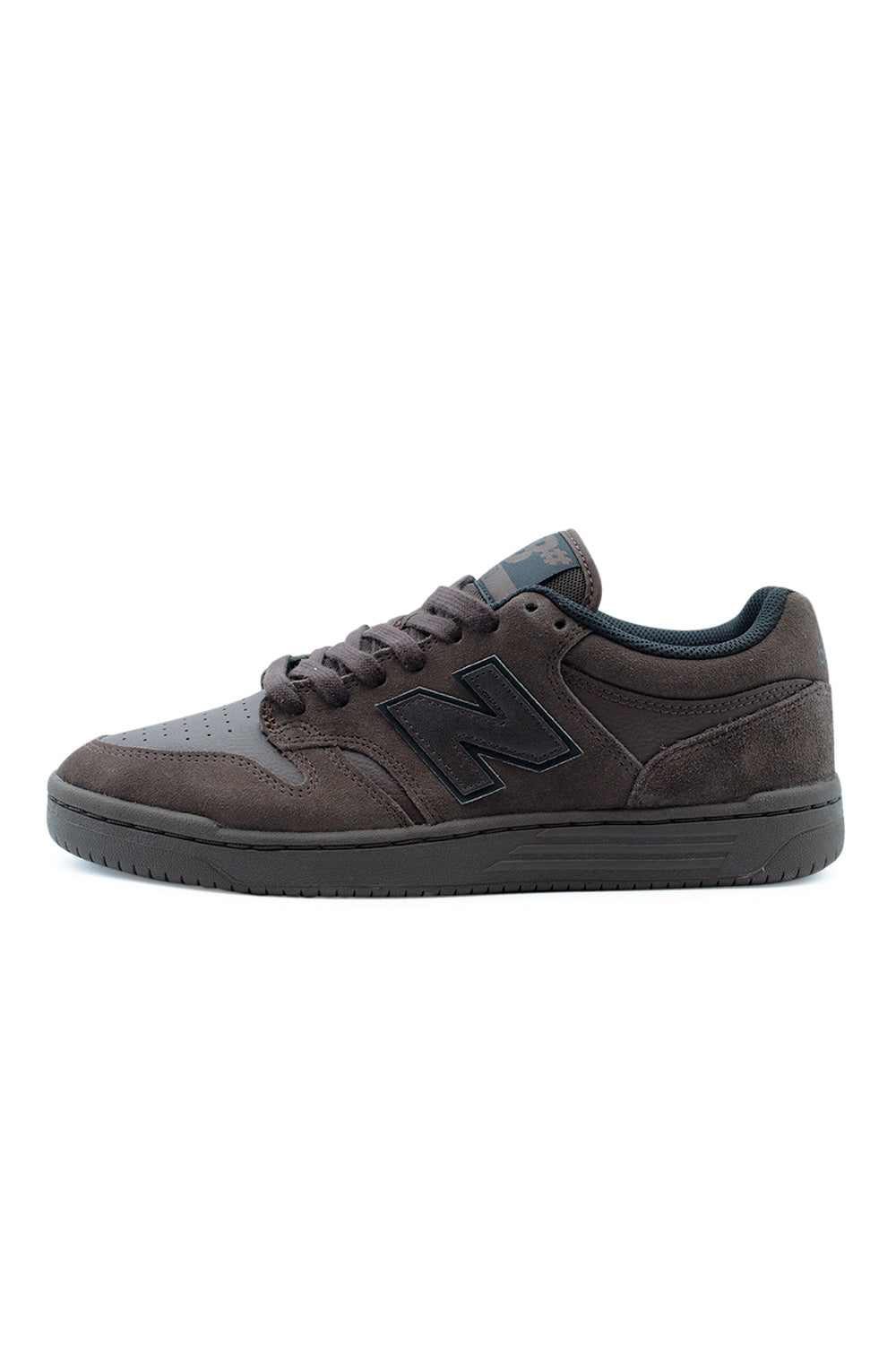 New Balance Numeric 480 Chocolate Brown skate shoes with suede and leather upper, FuelCell cushioning, and classic basketball-inspired low-top silhouette for street and skateboarding