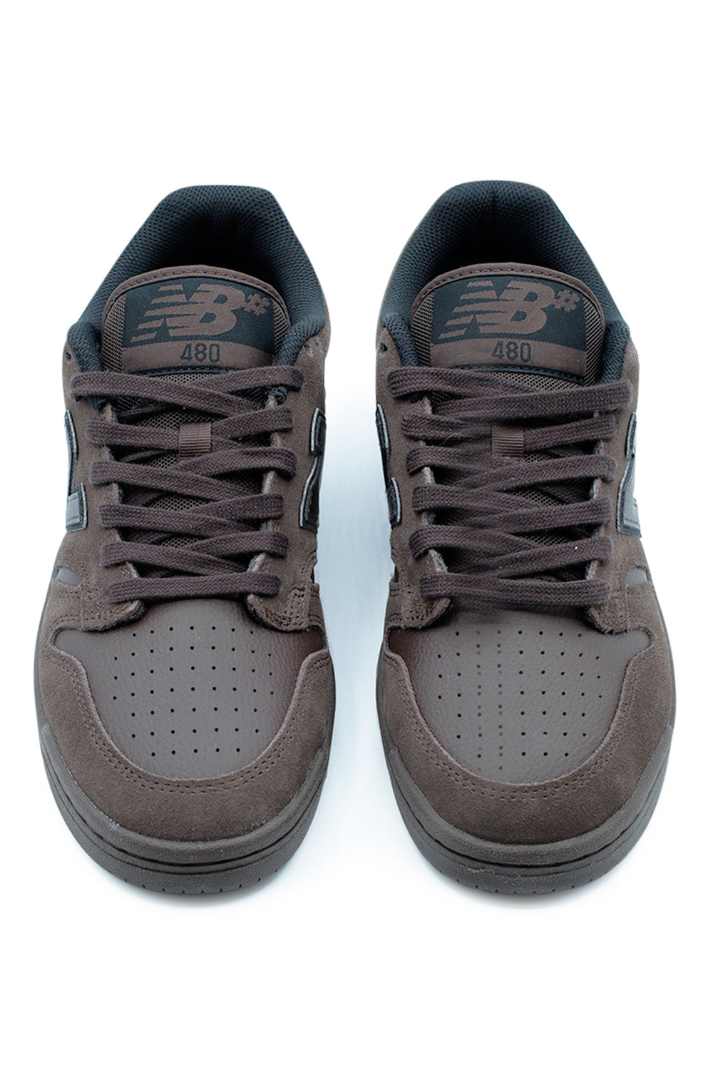 Top view of New Balance Numeric 480 skateboarding shoes in Chocolate Brown with perforated toe box, padded collar, and responsive FuelCell foam midsole
