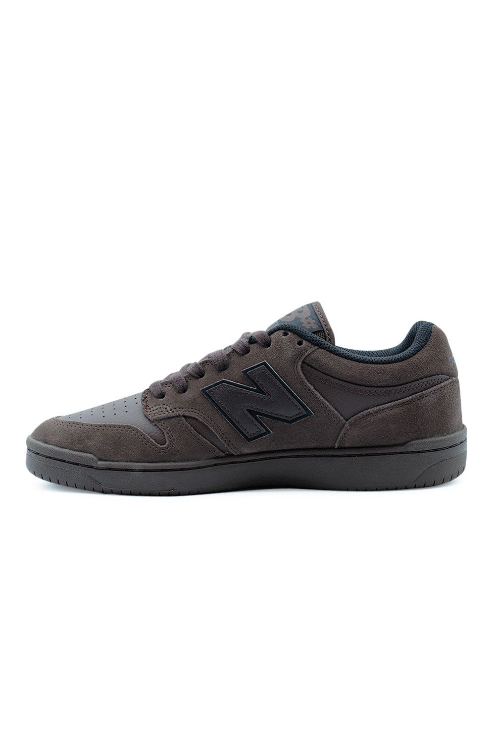 Side view of New Balance Numeric 480 Chocolate Brown sneakers featuring premium suede leather construction, reinforced toe, and retro court-style skate design