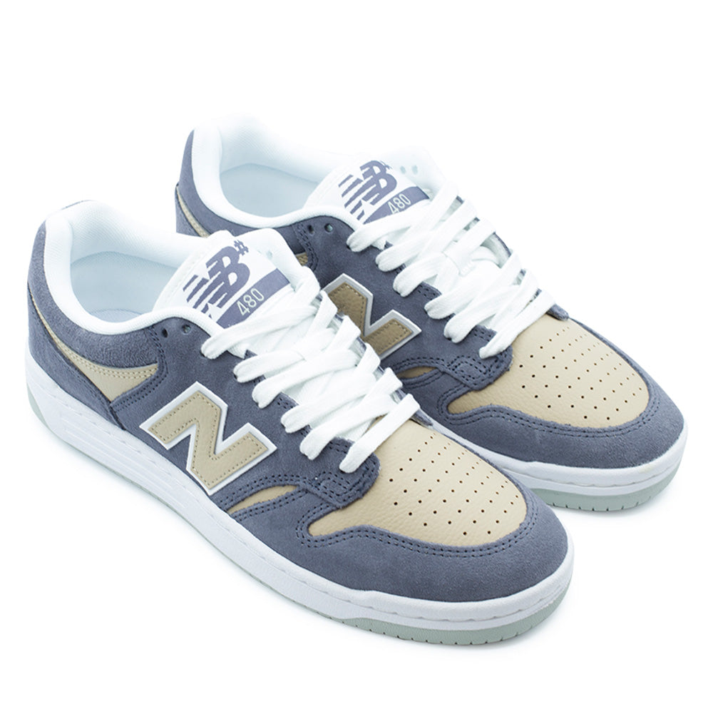 Pair angle studio presentation of the New Balance Numeric 480 sneakers in Meteorite / Incense, emphasizing the reinforced skate-ready construction with suede ollie overlay panels, perforated full-grain leather vamps, padded ankle collars, and durable stitched rubber cupsoles engineered for impact protection.
