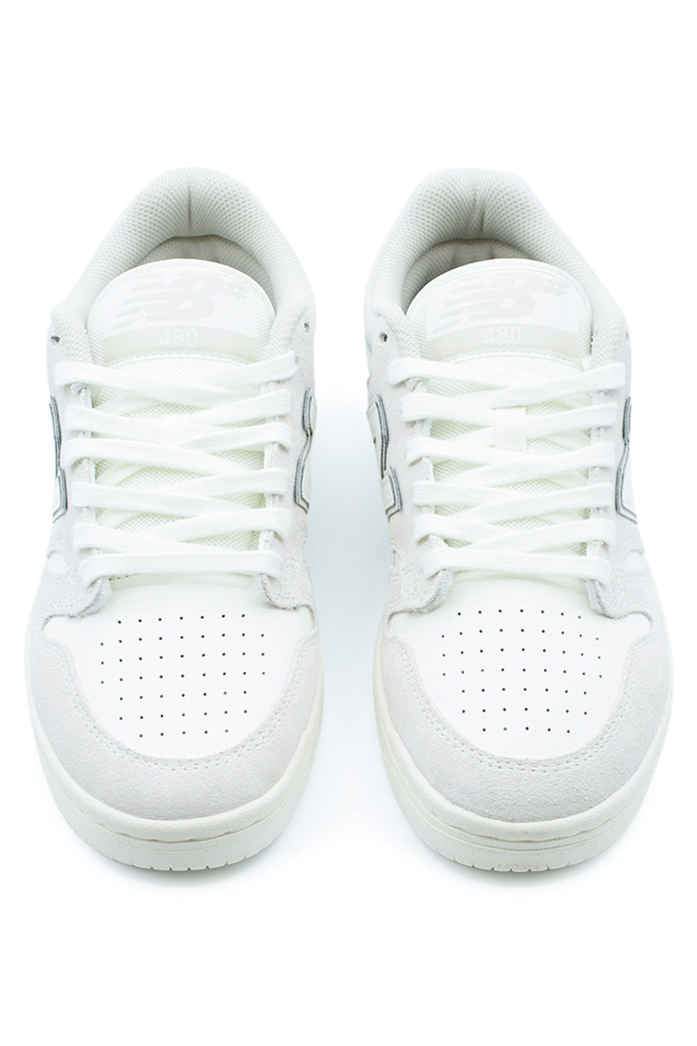 Top view of New Balance Numeric 480 Sea Salt skateboarding shoes showing reinforced toe, perforated forefoot and clean white tonal colorway