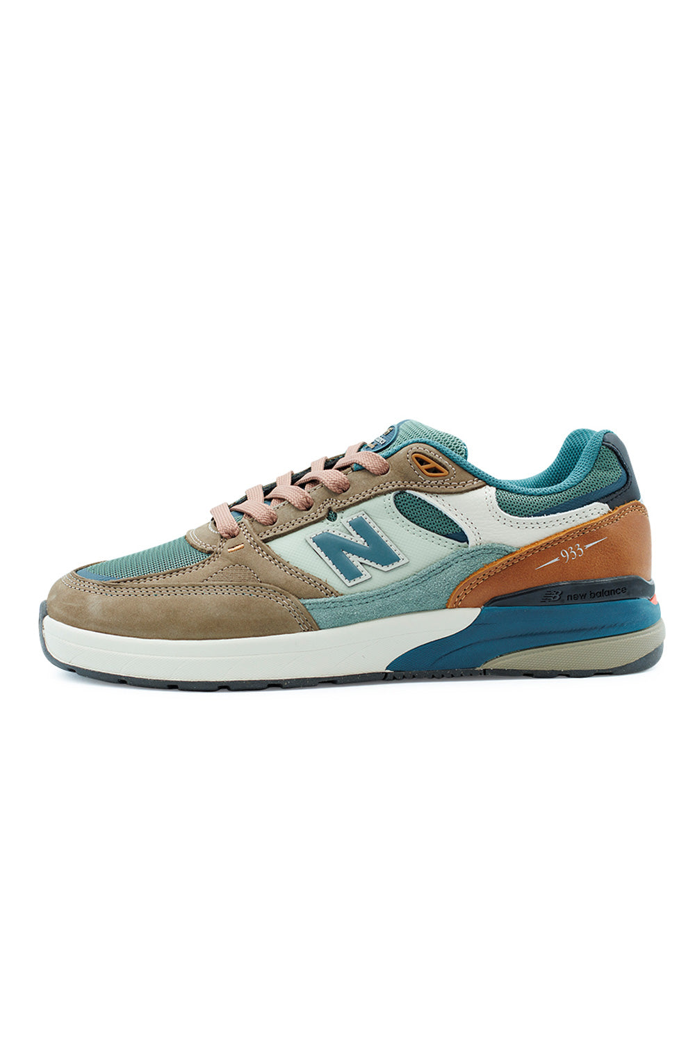New Balance Numeric 933 Andrew Reynolds Teal Khaki men’s signature skate shoe with suede leather mesh upper and ABZORB cushioning.