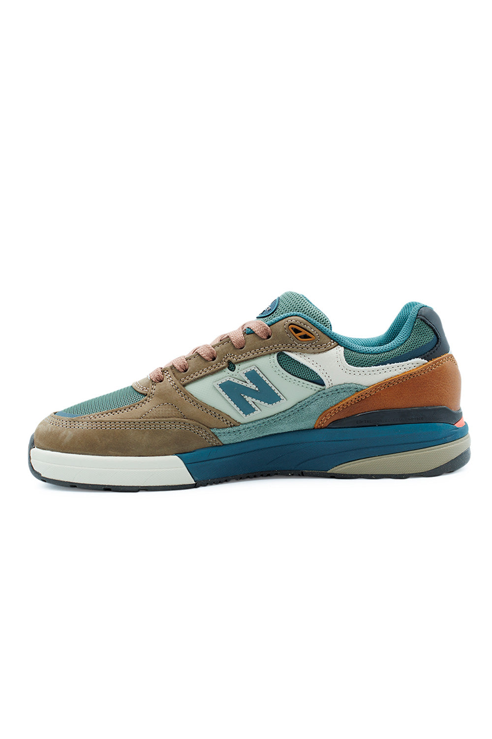 High-performance New Balance Numeric 933 Andrew Reynolds Teal Khaki signature skate shoe with suede, leather, mesh, and Controlled Reaction Device.