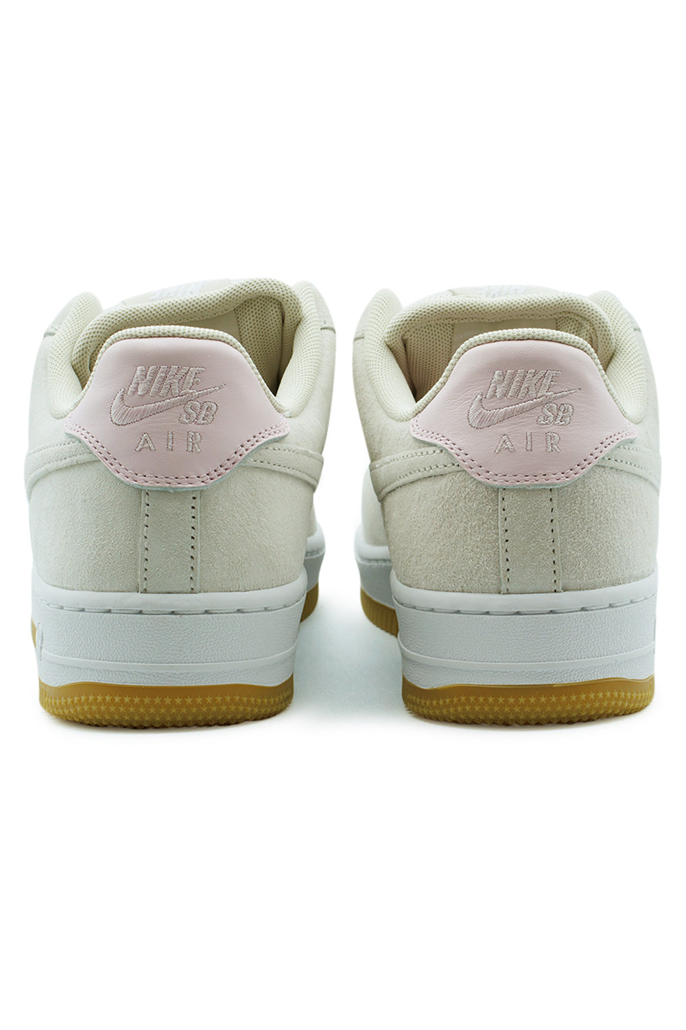 Rear view Nike SB Air Force 1 Light Orewood Brown with embroidered Nike SB Air heel tab in pink foam, reinforced heel support and gum outsole for grip and skate durability
