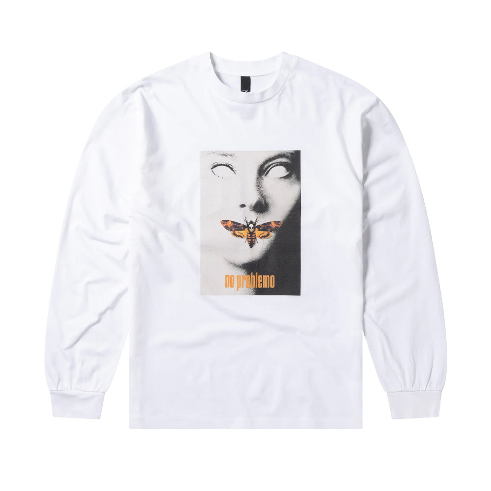 Front flat lay studio view of the Aries No Problemo Silence Long Sleeve T-Shirt in solid white, showcasing a relaxed streetwear silhouette tailored from heavy cotton jersey, featuring a ribbed crewneck collar, ribbed wrist cuffs, and a large centered chest rectangular graphic print inspired by The Silence of the Lambs with a stylized monochrome face, an orange Death's-head Hawkmoth over the lips, and orange "no problemo" typography beneath.