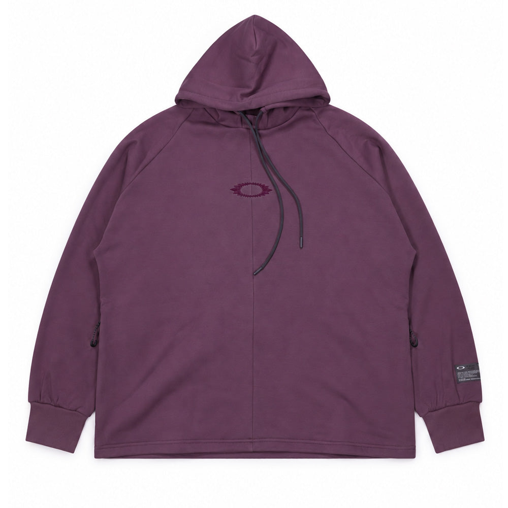 Front flat lay studio view of the Oakley FGL Slick Fleece Hoodie 6.7 in Rouge, showcasing a technical hooded sweatshirt in muted berry plum, featuring a high-neck drawstring hood with dark round cords, centered tonal chest logo embroidery, ergonomic center seam, side zip hand pockets with pull tabs, ribbed cuffs and hem, and a black Oakley FGL patch on the left sleeve.