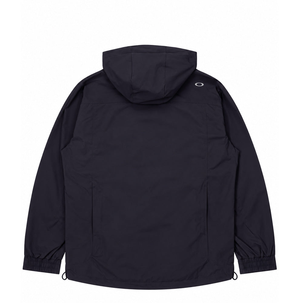 Back flat lay studio perspective of the black Oakley FGL Stroke Anorak 6.7, displaying the clean and unbranded technical shell back drape, structured multi-panel hood, dropped shoulder seams, elasticated bottom hem with adjustable toggled shock cords, and a subtle reflective silver heat-sealed Oakley Ellipse emblem on the right rear shoulder.