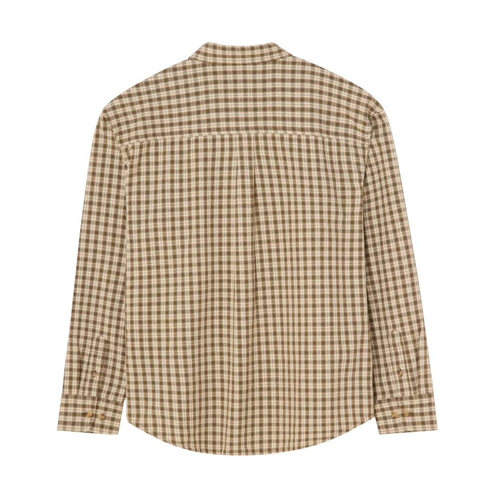 Back flat lay view of the Obey Bigwig Axel Woven Shirt in Canteen, displaying the tan and brown check pattern across the back panel, double pleats beneath the straight shoulder yoke, adjustable buttoned sleeve cuffs, and the curved lower hemline.