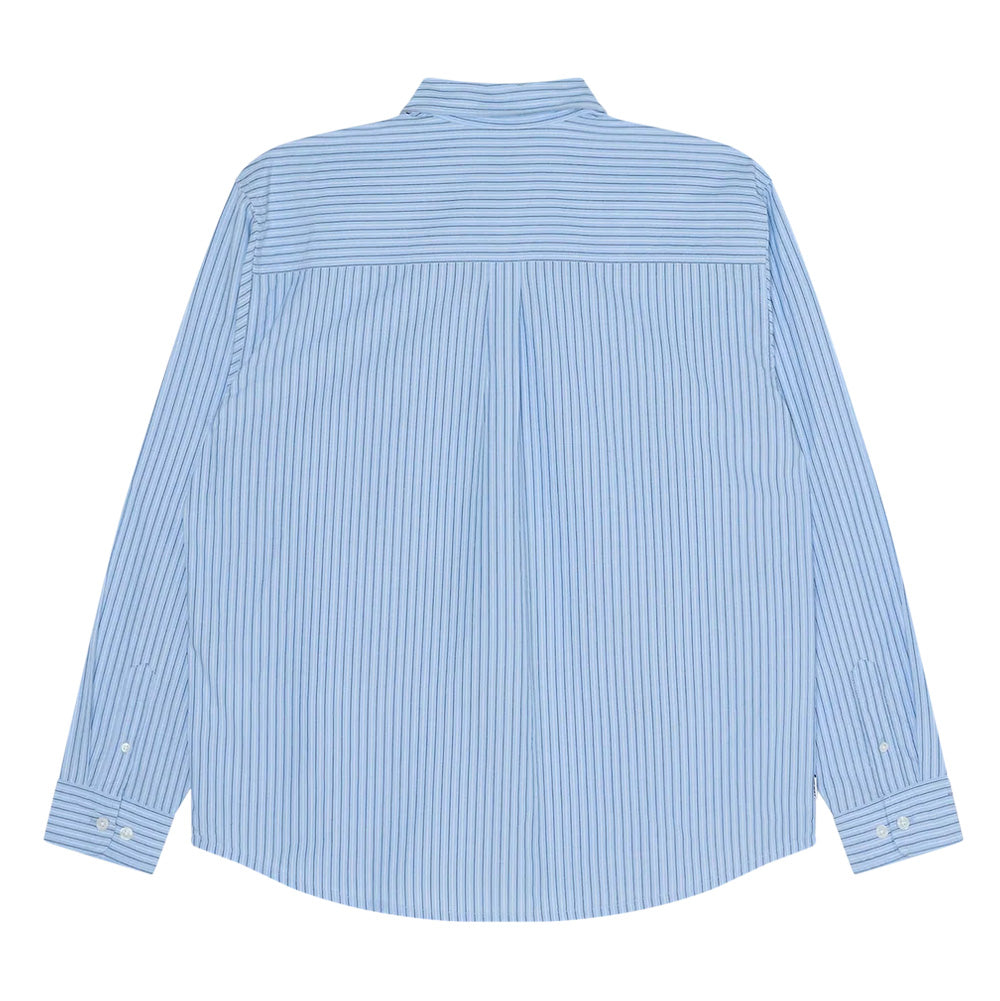 Back flat lay view of the light blue Obey Billy Woven Shirt, highlighting the clean vertical striped cotton fabric, horizontal striped back shoulder yoke, center box pleat for an easy drape, buttoned barrel cuffs, and a curved shirt-tail hem.