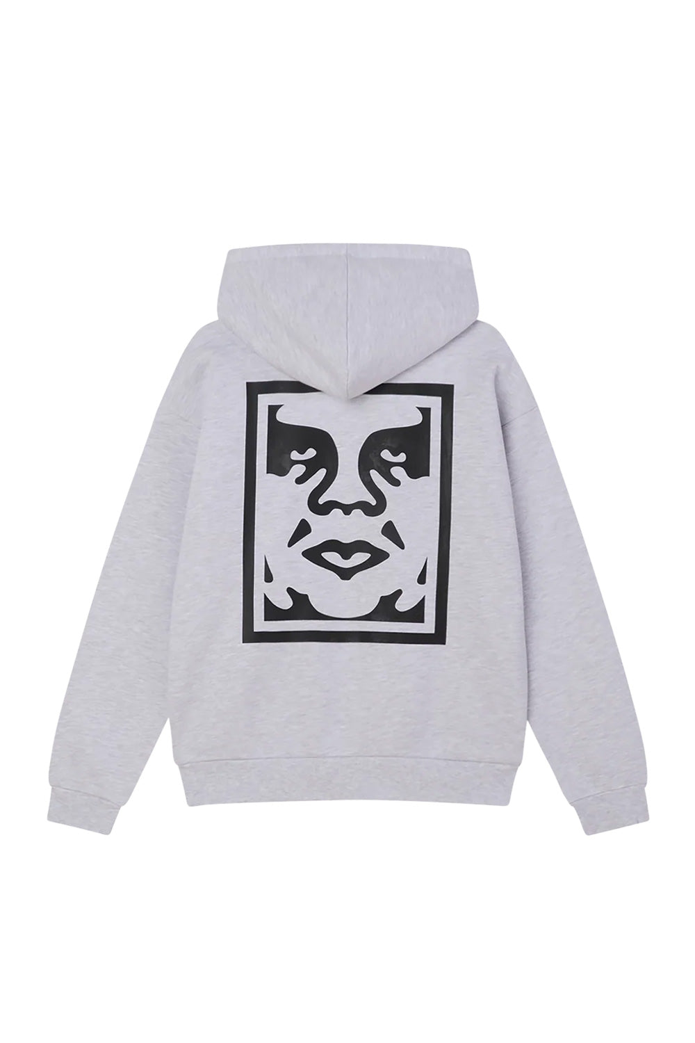 Back view of the heathered ash grey Obey Bold Icon Extra Heavy Hood sweatshirt, constructed from heavy 16oz brushed cotton-poly fleece, featuring an oversized black screen-printed Shepard Fairey André the Giant Icon logo across the back.