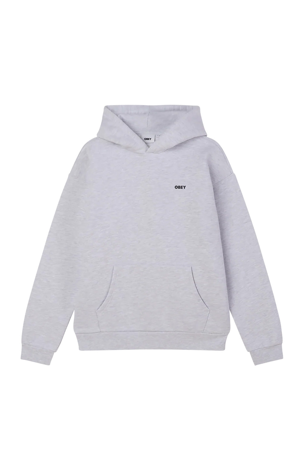 Front view of the loose-fitting ash grey Obey Bold Icon Extra Heavy Hooded Sweatshirt, displaying a double-layer crossover hood without drawstrings, a spacious kangaroo front pocket, and a clean black Obey bold font logo on the left chest.