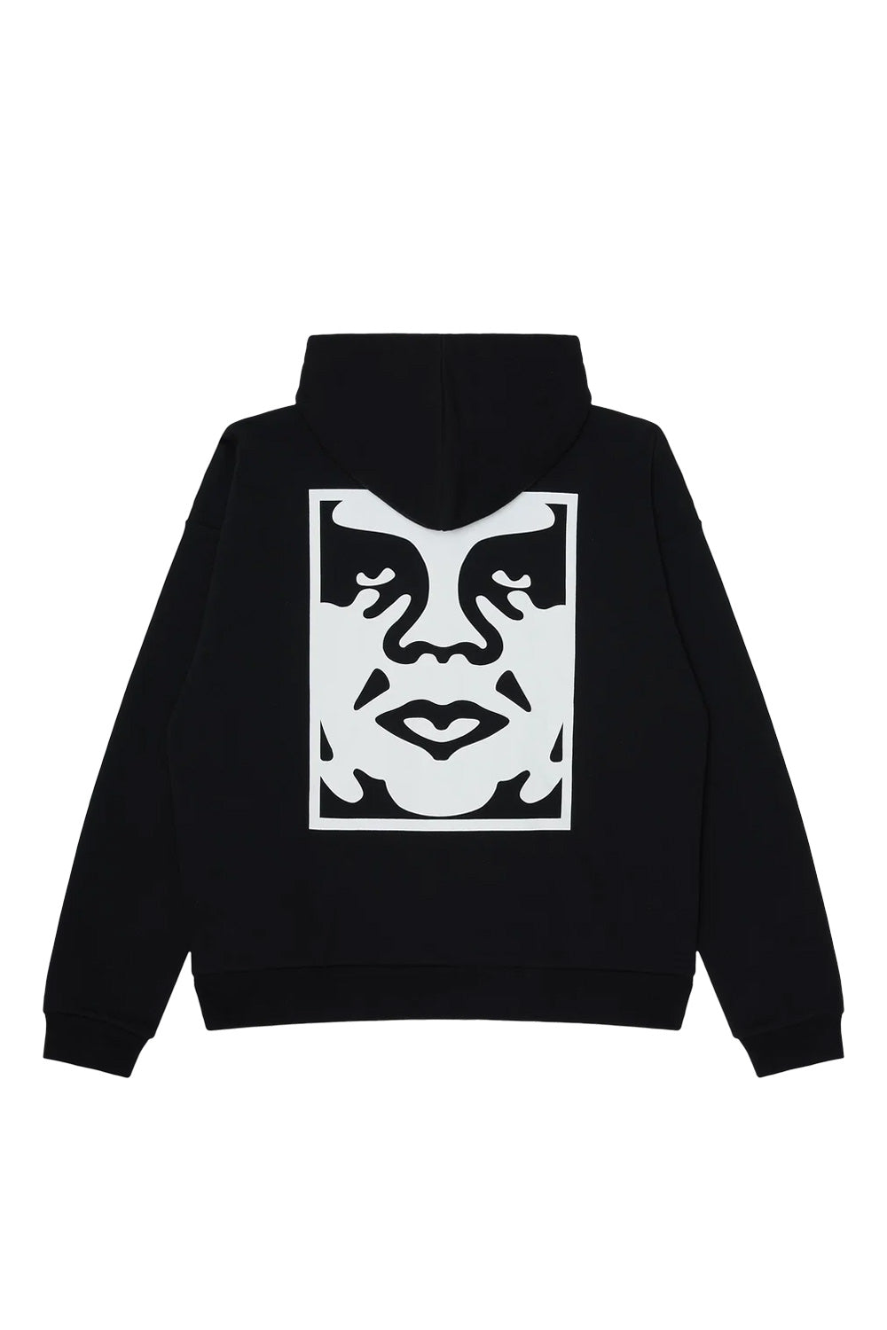 Back view of the black Obey Bold Icon Extra Heavy Hood sweatshirt, crafted from heavy 16oz cotton-poly brushed fleece, showcasing a large white screen-printed Shepard Fairey André the Giant Icon logo graphic across the back panel.