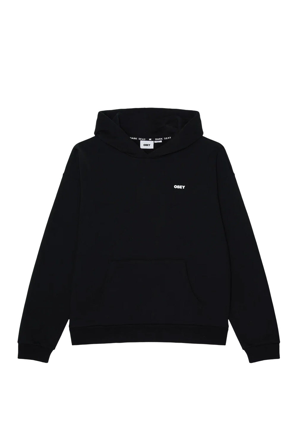 Front view of the loose fit black Obey Bold Icon Extra Heavy Hooded Sweatshirt, featuring a double-layered drawstring-free hood, roomy kangaroo pouch pocket, and a clean white Obey bold text logo printed on the left chest.