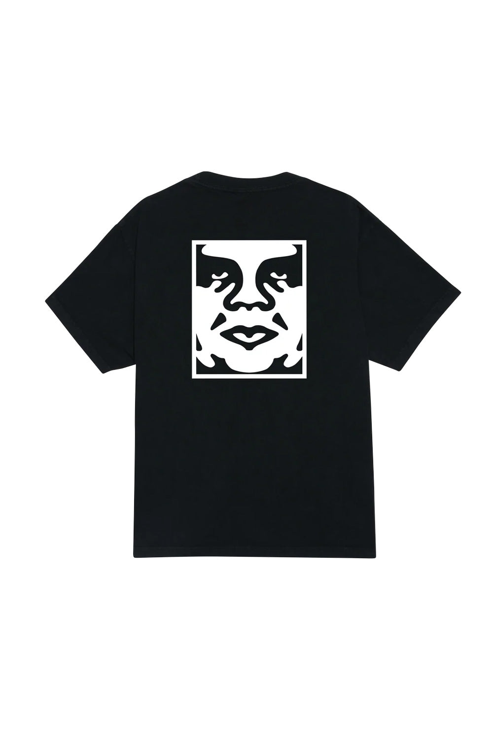 Back view of the washed pigment dusty black Obey Bold Icon Face T-Shirt, crafted from heavy 8oz 100% cotton jersey, showcasing a large white screen-printed Shepard Fairey André the Giant Icon face graphic framed in a white rectangle.
