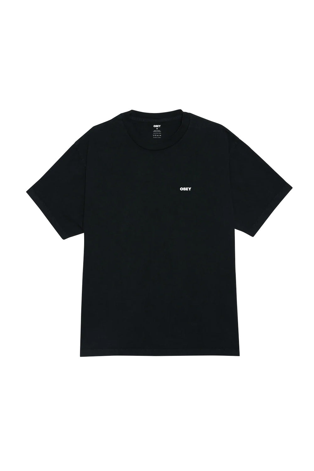 Front view of the loose-fitting Obey Bold Icon Face T-Shirt in pigment dusty black, highlighting the relaxed drop-shoulder cut, crew neckline, and a minimalist white Obey bold font logo printed on the left chest.