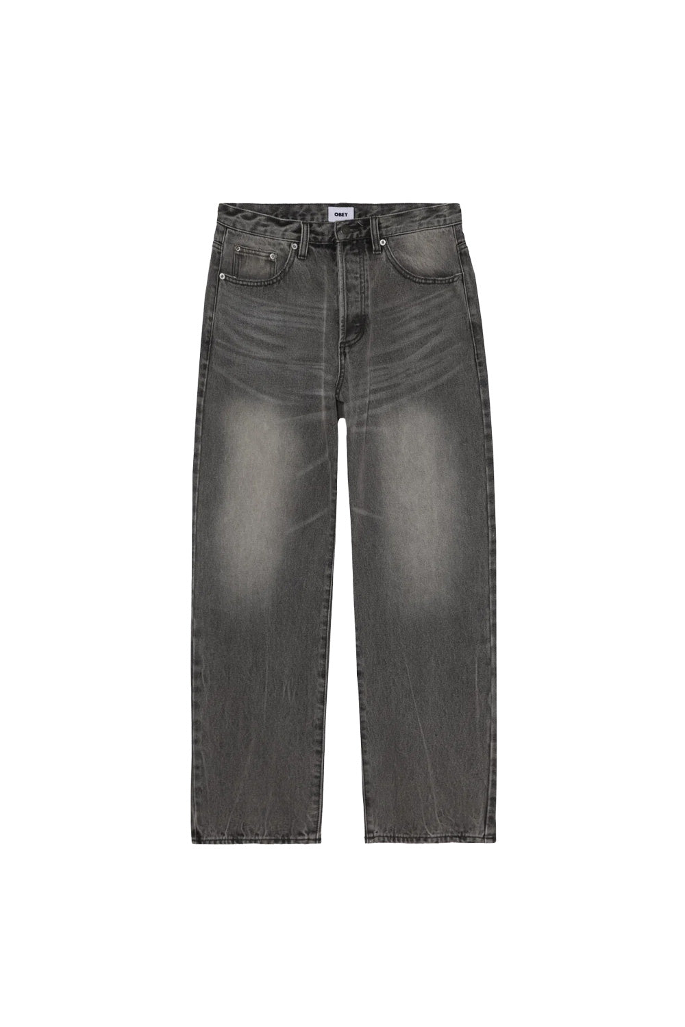Front flat lay view of the Obey Boxcar Straight Leg Denim jeans in Archive Grey, highlighting the classic 5-pocket styling, pronounced whiskering fade across the thighs, rivet details, belt loops, and relaxed wide leg opening.