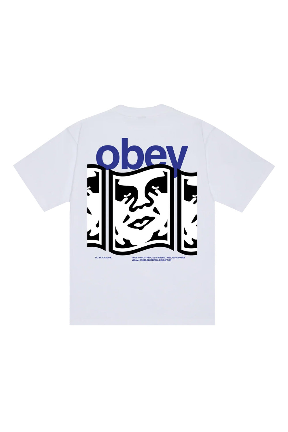 Back view of the white Obey Disruption T-Shirt, crafted from heavy 8oz 100% cotton jersey with a loose boxy fit, showcasing a large royal blue Obey text logo over a repeating wavy triple Shepard Fairey Giant Icon graphic and blue Visual Communication & Disruption copyright text.