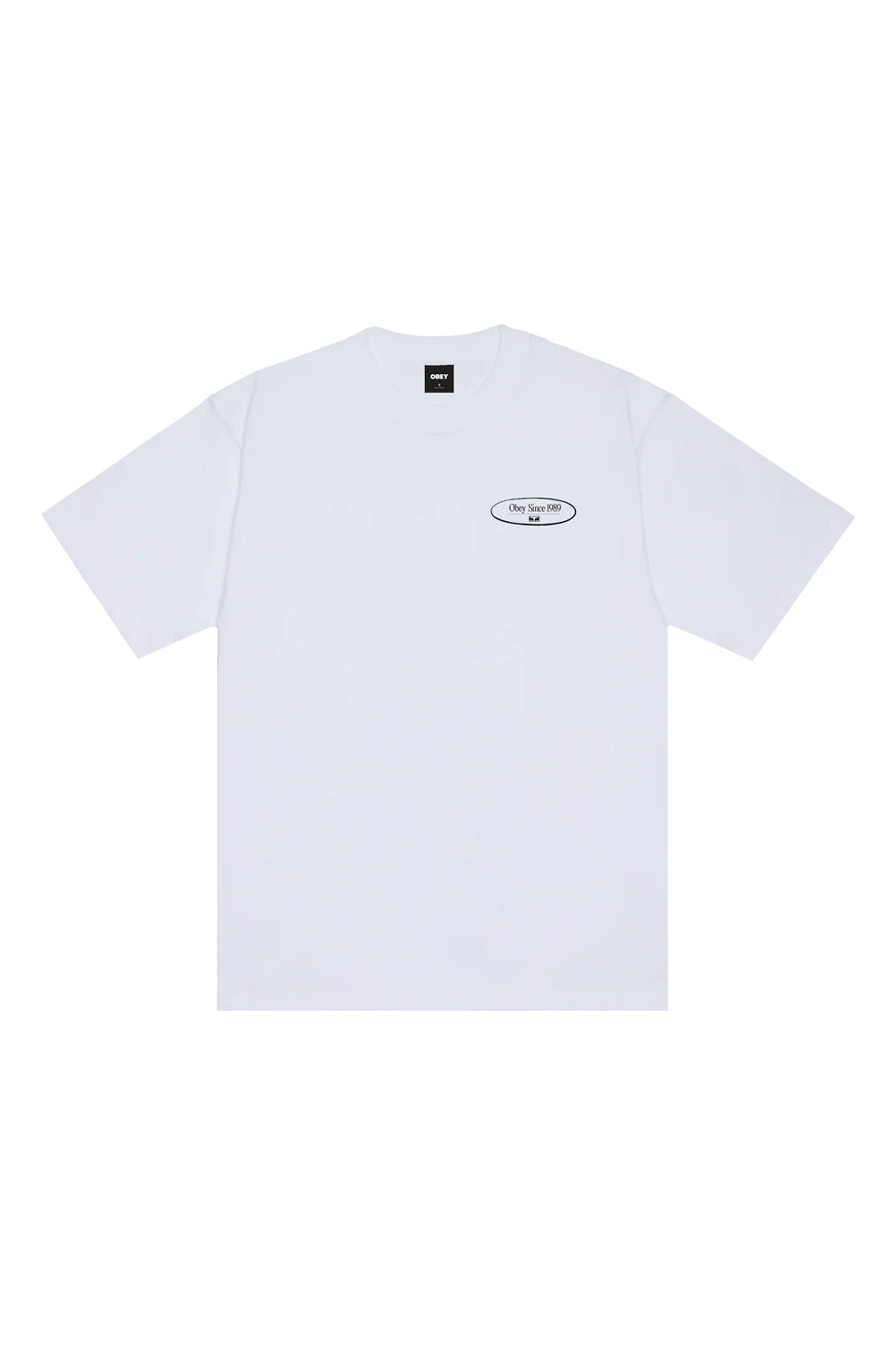 Front view of the loose fit white Obey Disruption T-Shirt, displaying short sleeves, a reinforced crewneck collar, and a clean black oval Obey Since 1989 graphic with mini Eyes logo printed on the left chest.