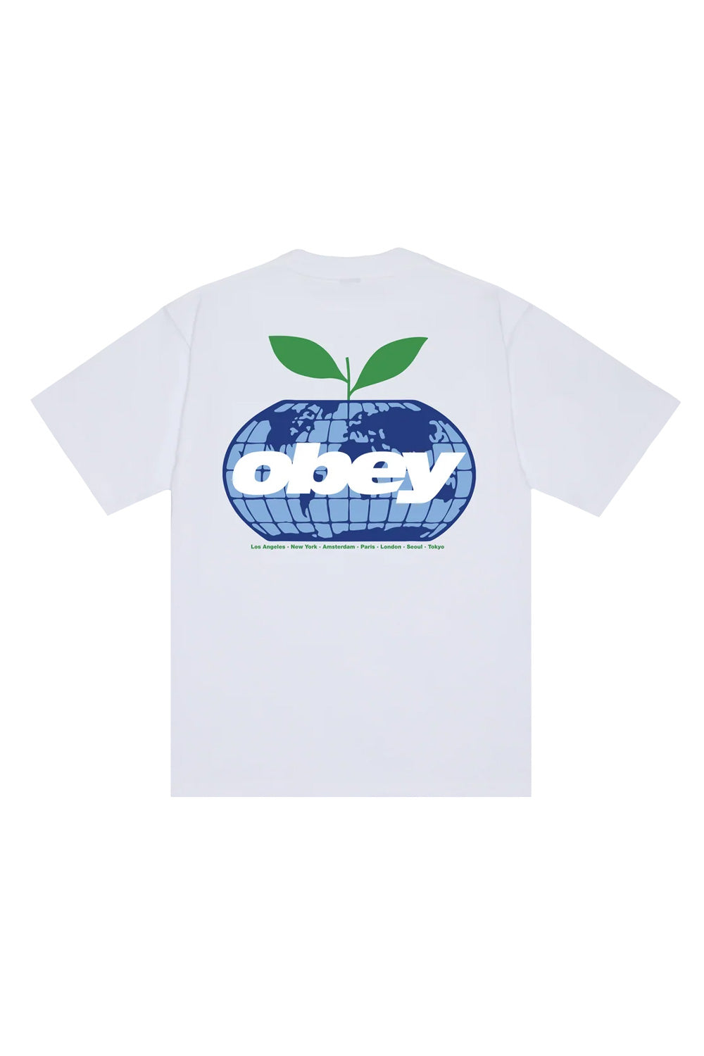 Back view of the white Obey Intercontinental T-Shirt, crafted from heavy 8oz 100% cotton jersey with a loose boxy fit, showcasing a large printed blue globe apple graphic with green leaves, bold white Obey logo lettering, and green listed international city names across the back panel.