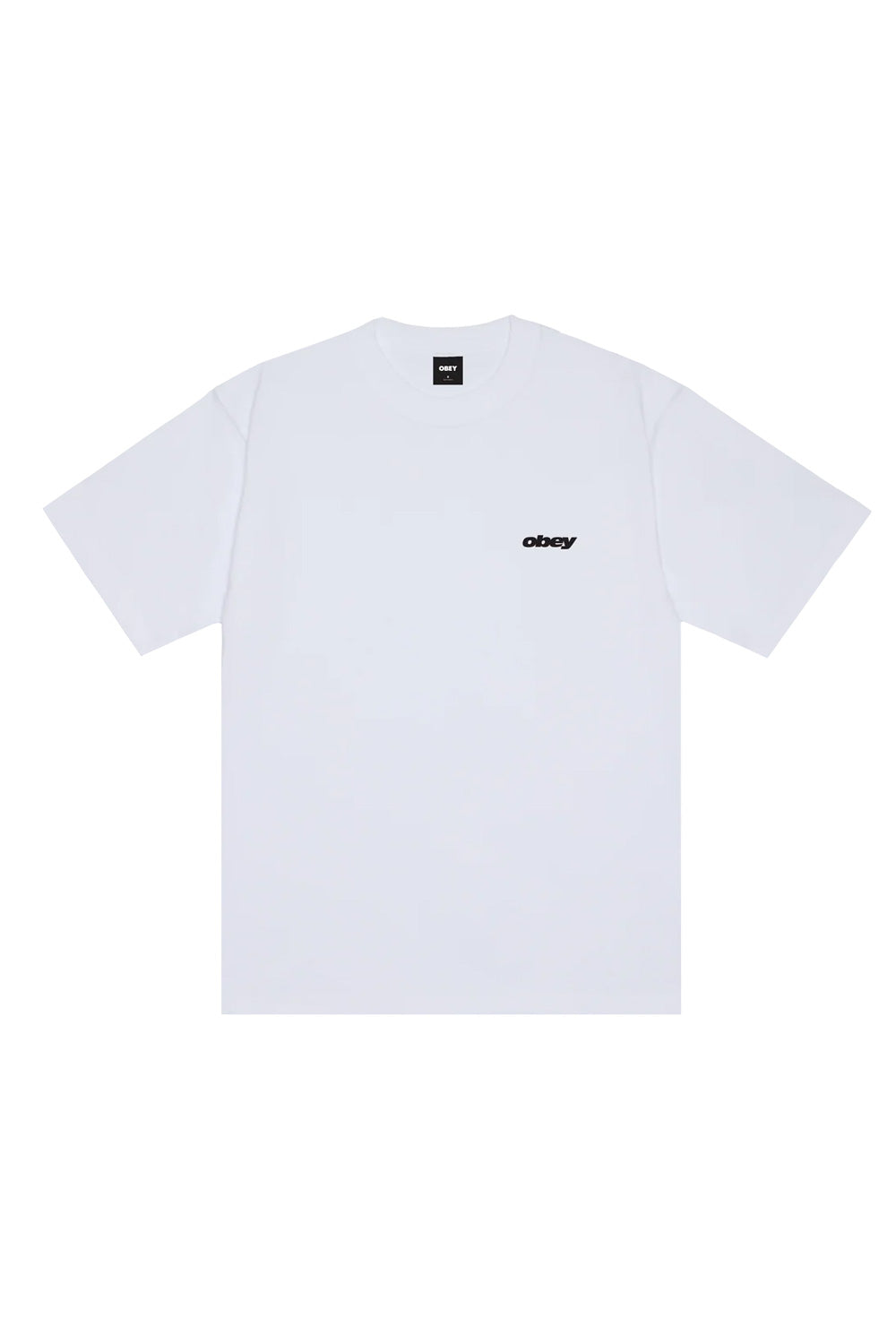 Front view of the loose-fitting white Obey Intercontinental T-Shirt, displaying a ribbed crew neckline, short sleeves, and a clean black Obey bold script font logo printed on the left chest.