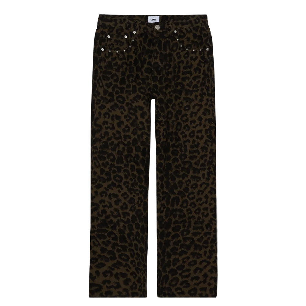 Front flat lay view of the Obey Studded Boxcar Straight Leg Denim in Dark Leopard, showcasing a relaxed straight-leg skate silhouette cut from rigid cotton twill featuring an all-over muted olive and black animal print, a button-fly waistband with belt loops, and curved front hand pockets bordered by an arched row of antique silver round domed metal studs.
