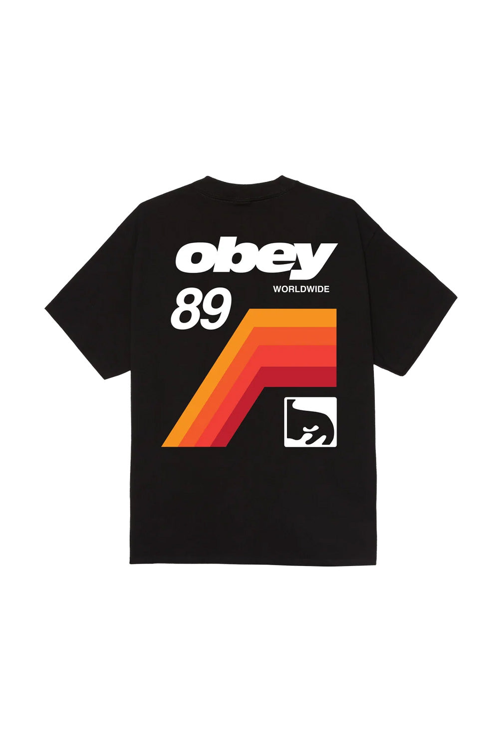 Back view of the black Obey VHS T-Shirt, made from heavy 6oz 100% cotton jersey with a loose boxy fit, featuring a large white Obey 89 Worldwide graphic, angled retro gradient stripes in yellow, orange, and red inspired by vintage VHS tape packaging, and a white Shepard Fairey Giant Icon face box logo.