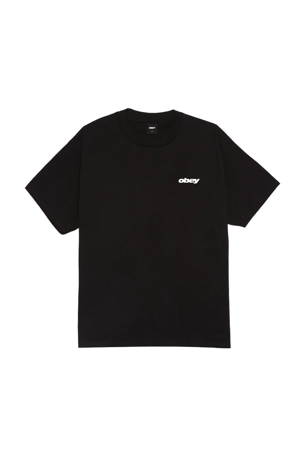 Front view of the loose-fitting black Obey VHS T-Shirt, displaying short sleeves, a classic crew neckline, and a clean white Obey slanted bold font logo screen-printed on the left chest.