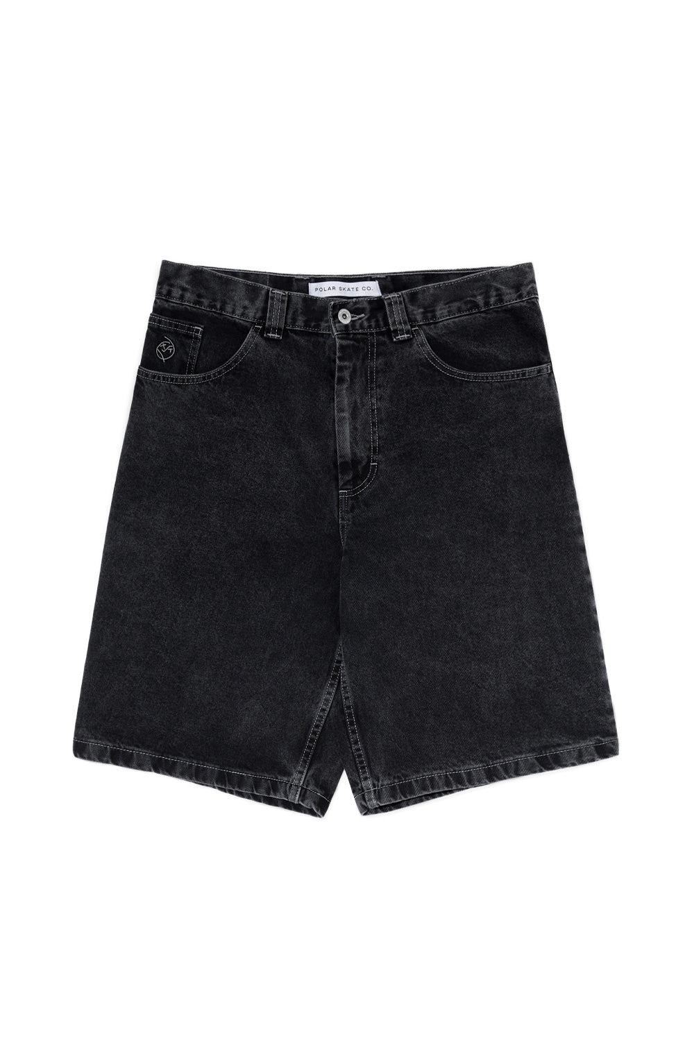 Vorderansicht der Polar Skate Co. Big Boy Shorts Silver Black – lässige Denim-Shorts mit weitem Schnitt und klassischem 5-Pocket-Design