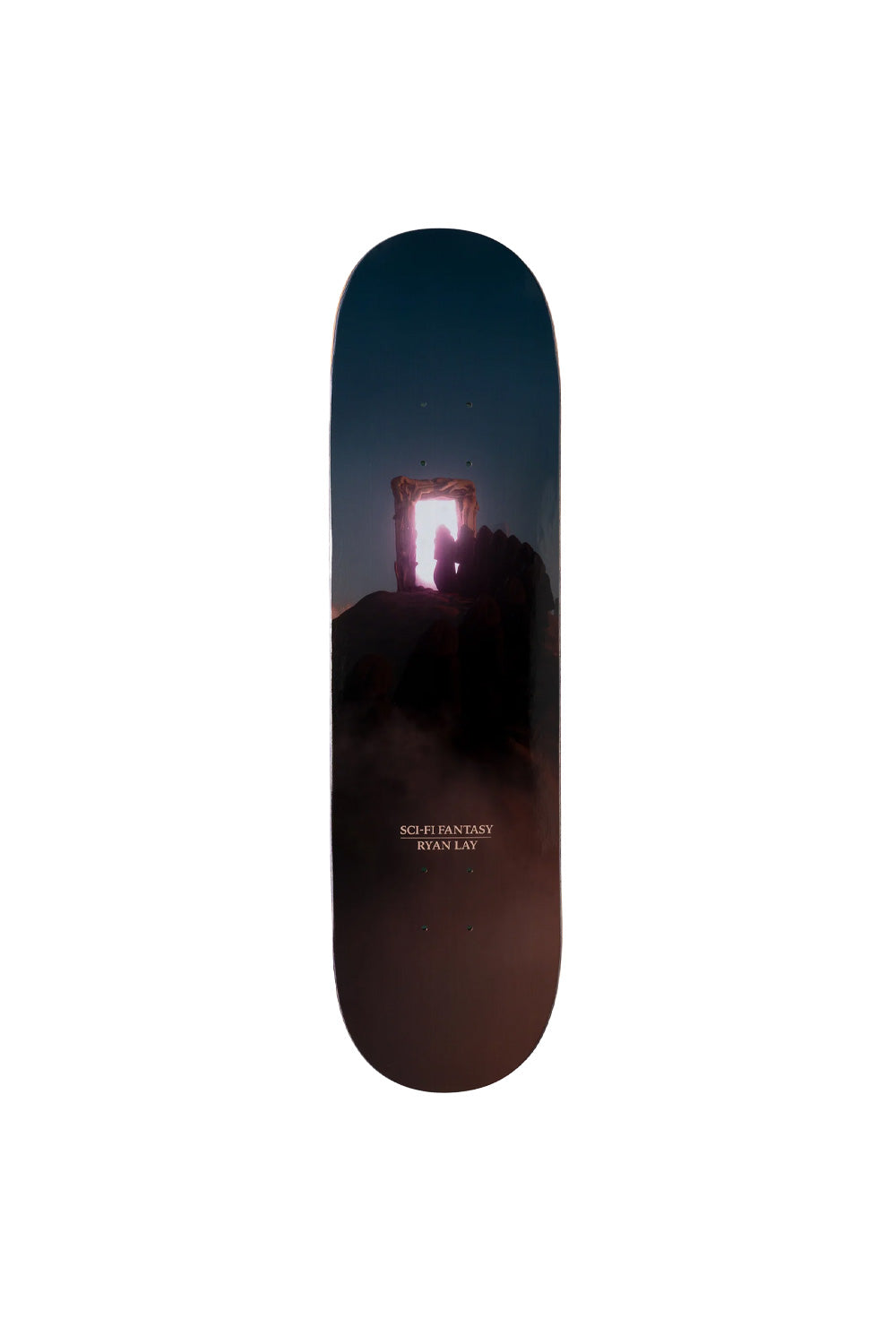 Frontalansicht des Sci-Fi Fantasy Lay Portal of Riza Skateboard-Decks in 8,5 Zoll mit beeindruckender Kunstgrafik.