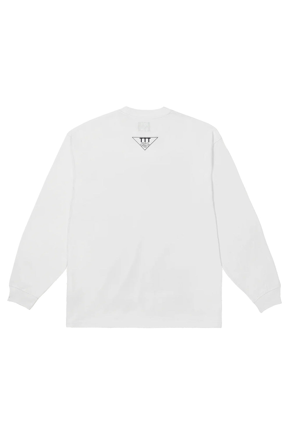 Back view of the The Trilogy Tapes Gas Mask Instruction Longsleeve White showcasing its clean minimalist rear design with signature TTT neck print, heavyweight cotton construction, oversized silhouette and premium long sleeve streetwear aesthetic.