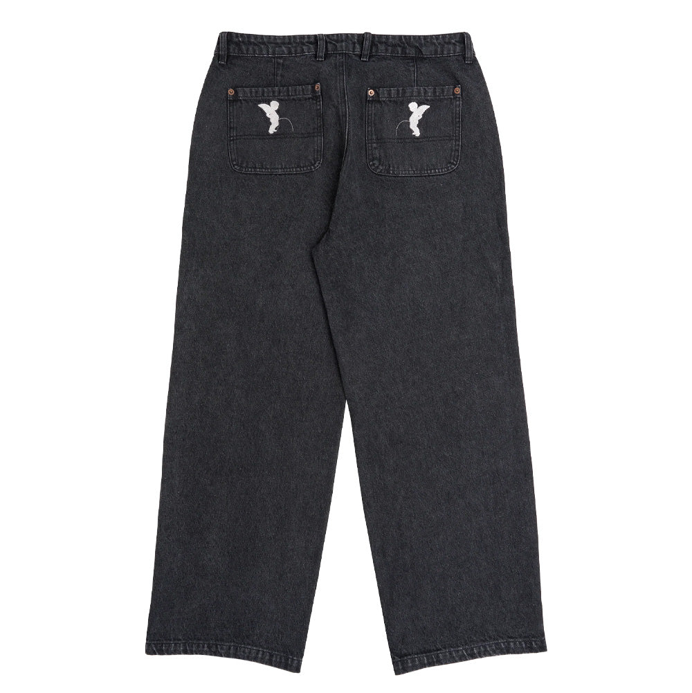 Back flat lay view of the Token Alphabet Jeans in off-black acid wash, displaying the loose roomy fit, back yoke seam, wide hem cuffs, and large square patch pockets with copper rivet reinforcements, each featuring a centered white embroidered Brussels Manneken Pis cherub emblem.